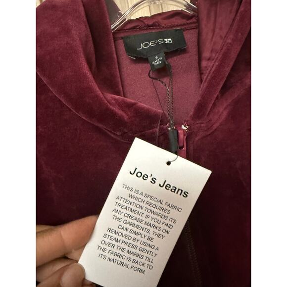 JOE'S Jeans Burgundy Velour Full Zipped Cropped Hooded Jacket Sz S New with Tags - Picture 7 of 11